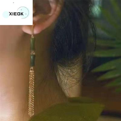 XIEGK เรโทร โบราณโบราณ คลาสสิกแบบคลาสสิก พัดลมสำหรับรถยนต์ แฟชั่นสำหรับผู้หญิง พู่ห้อยคอ ต่างหูห้อยสำหรับผู้หญิง เครื่องประดับแฟชั่นเครื่องประดับ ต่างหูสไตล์จีน หยดหูหยก