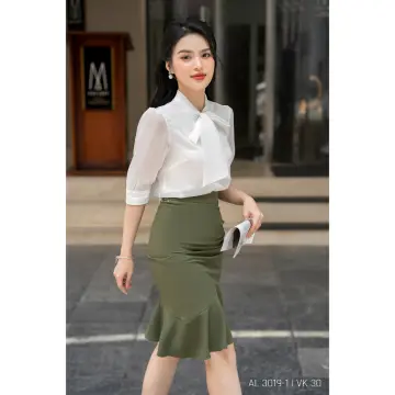 Chân váy chất liệu da màu xanh rêu - Chân váy bút chì | ThờiTrangNữ.vn