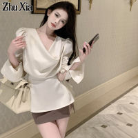 เสื้อแขนยาวผ้าซาตินสำหรับผู้หญิง Zhu Xia,เสื้อเชิ้ตเอวผ้าซาตินสไตล์ฝรั่งเศส