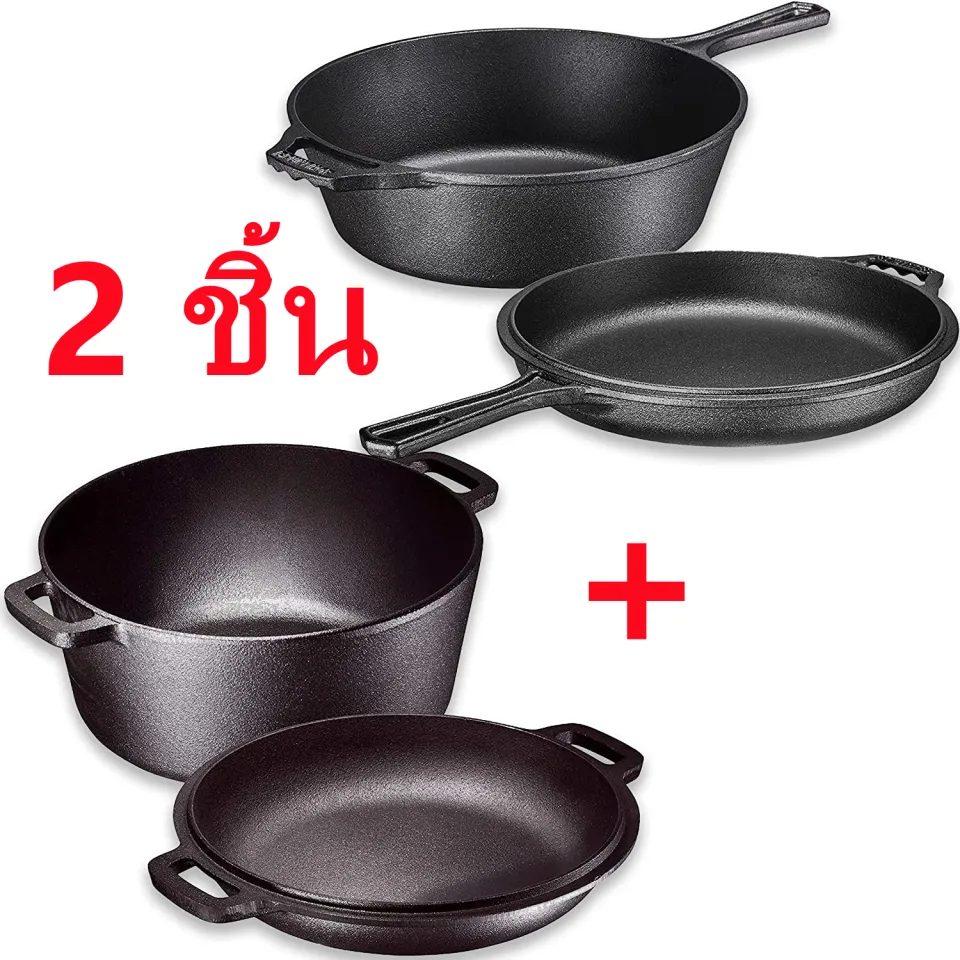 PreSeasoned 2 In 1 Cast Iron Pan 5 Quart Double Dutch Oven Set And Domed 10  Inch