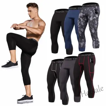 3 Pack Mens 3/4 Compression Pants Dry Fit Men Running Leggings 3/4 Tights  Workout Gym Capri Pant Football Basketball White+red+Blue