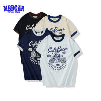 MBBCAR 2023เสื้อยืดแขนสั้นผู้ชายใหม่ฤดูร้อน200G Ami Khoji รถมอเตอร์ไซค์พิมพ์ลายภาษาอังกฤษสีขวาง