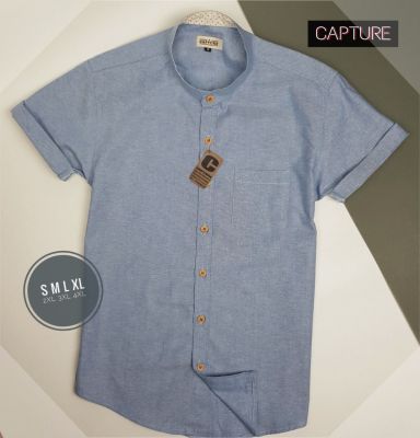 Capture Shirt เสื้อเชิ้ตผู้ชาย เชิ้ตแขนสั้น คอจีน สีบลูยีนส์ มีถึงอก 48 นิ้ว