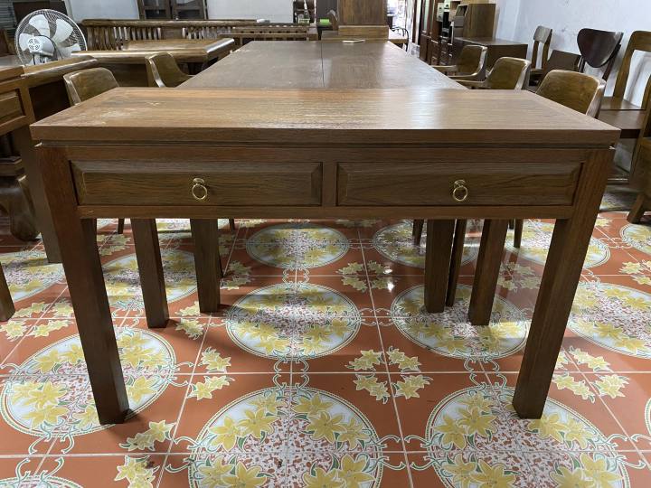 โต๊ะทำงานไม้สัก-กว้าง-120x80x50-cm-ประกอบแล้ว-จัดส่งทั้งโต๊ะ-ขาตรง-ไม้สักหนา-2-ลิ้นชัก-brown-teak-wooden-table-2-drawer-desk-real-wood