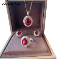 Serenity Day 100 S925 Sterling Silver Luxury Vintage Ruby High Carbon Diamond Necklace Earrings Ring Bridal Jewelry Sets Gifts