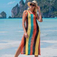 Available  6 colors Rainbow Hollow Vest Knitted Sweater Holiday Dress Cross-border พร้อมส่ง 6 สี ชุดเดินชายหาดลายทางสีเรนโบว์แบบกลวง ชุดคลุมบิกินี่ สีสัน ซัมเมอร์ เที่ยวทะเล