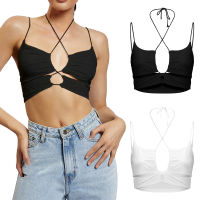 ผู้หญิง strappy CROSS over ด้านหน้าตัด Halter คอ backless Wrap Crop TOP ฤดูร้อนเซ็กซี่ผ้าพันแผลเสื้อกั๊ก Y2K