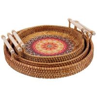 Rattan Woven Bread Basket with Blue Painted Wooden Bottom Round Tray with Handle Suitable for Bread Fruit