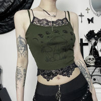 Goth Dark Goblincore Aesthetic รูปแบบ Crop Tops Gothic Y2k Fairy Grunge Lace Trim Camis ผู้หญิงเซ็กซี่ Backless Streetwear ชุด