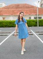 PG ชุดเดรสแขนสั้น ผ้าญี่ปุ่น สีฟ้า แบบเรียบง่าย สไตล์ญี่ปุ่น เกาหลี (รุ่น Stripe dress water drop neck)