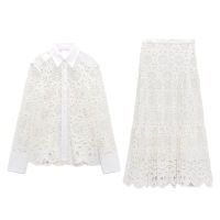 PB&amp;ZA spring new womens white temperament lapel long-sleeved hollow embroidery lapel shirt high waist long skirt suit