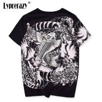 Lyprerazy Japanese Harajuku Ukiyoe Vintage Chinese Style Embroidered Tee Mens Carp Fish Embroidery Round Neck T Shirts