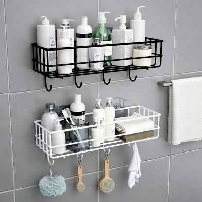 Black Wall Mounted Bathroom Shelf Shower Shampoo Rack Toilet Accessories Kitchen Perforated Free Condiment Storage Basket