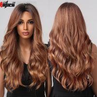 Long Synthetic Wigs Copper Brown Ombre Body Wavy Wig Dark Root for Women Daily Party Middle Part Fake Hair Heat Resistant Fibre [ Hot sell ] TOY CENTER