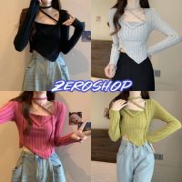 Zero shop ?พร้อมส่ง? (Zero-M5610) เสื้อไหมพรมแขนยาว ดีเทลสายคาดคอ ผ้าร่อง ผ้านิ่มใส่สบายมาก