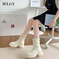 IELGY  Thick-Soled Mid-Tube Slim Martin Boots รองเท้าบูทสั้นซิปหลังของผู้หญิง