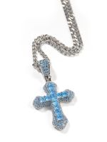 Chrome Hearts1✁ Trendy unique European and American blue zircon cross necklace hip-hop fashion heavy industry diamond all-match sweater chain