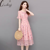 Korean Womens Butterfly Sleeve Midi Dress  Summer V-Neck Elegant Dress Ladies High Quality Chiffon Print Party Dress 4XL