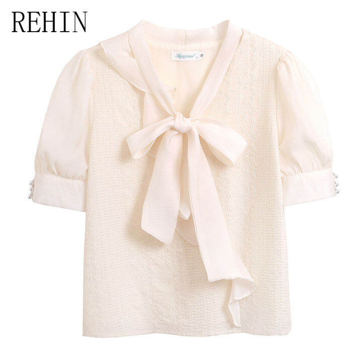 rehin-เสื้อผู้หญิงแขนพองหวานสไตล์ฝรั่งเศส-เสื้อเสื้อผู้หญิงแขนสั้นหูกระต่ายฤดูร้อน