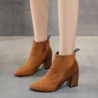 Womens Ankle Boots Retro Suede Stitching Zipper Block Heel Short Boots