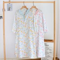 【 WYIN kitchen】 Women Long Nightdress Long-sleeve Gauze Cotton Pajamas Plus Size Thin Lovely Home Dress Print Sexy Sleepwear Vestido Nightgowns