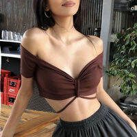 Beautifultime INS ผู้หญิง Crop Tops Halter คอปิดไหล่แขนสั้นสีทึบ Slim Tube Tops สำหรับหญิงสาว