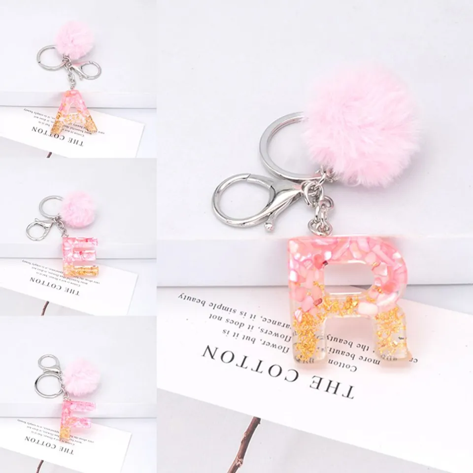 Yiyideco 1pc English Letter Keyring Pink Glitter Acrylic Keychain with Puffer Ball 26 Words A to Z Handbag