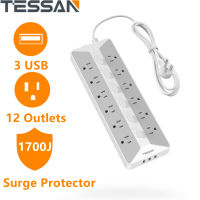 12 Way Power Strip Extension Leads Long Extension Cord 1.2M with 3 USB , Individual Switches Extension Socket Multi Plug Extension , TESSAN 12 Outlets and 3 USB Ports, with Surge Protector for Home, Dorm and Office Accessories, 1700J, Gray