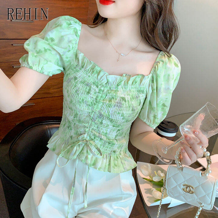 rehin-women-s-top-summer-new-korean-version-all-match-floral-slim-short-sleeved-shirt-square-collar-trend-blouse