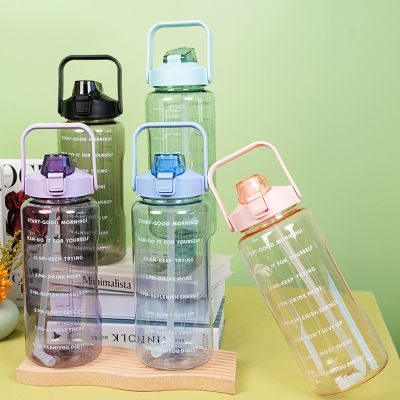✐☞ DK.AMZ 2 Liter Sport Water Bottle With Straw Outdoor Cold Water Bottle Time Marker Portable Water Cups With Carry Handle For Gym