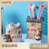 Creative Inspirational Little Soldier Pen Holder Nostalgic Tile House Bunker Storage Resin Crafts Student Desktop Decorative Gifts