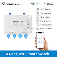 ITEAD SONOFF 4CH R3 WiFi DIY สวิตช์อัจฉริยะ สวิตช์ไฟ 4 แก๊ง เบรกเกอร์อัจฉริยะ eWeLink การควบคุม APP 3 โหมดการทำงาน การควบคุมเวลาอัจฉริยะ การควบคุมด้วยเสียง Alexa, 16A/3500W/รวม