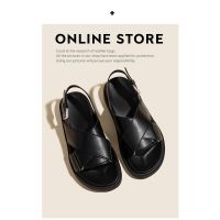 Womens Soft Leather Cross-Strap Platform Sandals 2023 New Summer Outdoor Black Flat Roman Style Shoes