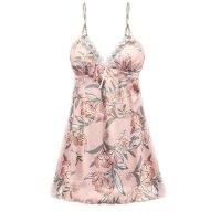 *Bowsky* Women Satin Flower Printint Silk Lingerie Bow Lace Pajamas Sleepwear Nightdress