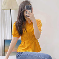 Women Shirt Short Sleeve Casual Yellow Blouse 2022 Summer New Fashion Korean Tops