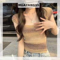 HUAYANG01 [2023 new HOT FASHION] lazlook เสื้อยืดถักลายทางย้อนยุคอเมริกันฤดูร้อนผู้หญิงคอสี่เหลี่ยมแขนสั้นสลิม