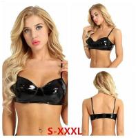 Black Highlight Sexy Bra Nightclub PVC Mirror Patent Leather Anchor Pole Dance Tight Glossy Push-Up Bra