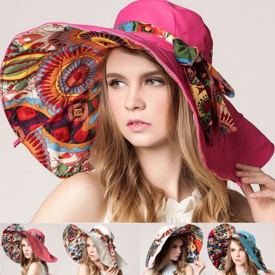 [hot]Fashion Women Flower Folding Brimmed Hat Sun UV Protection Summer Beach Bowknot Hats