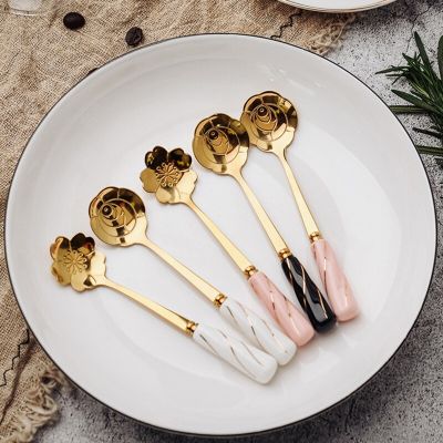 Flower Coffee Stirring Spoon Stainless Steel Dessert Spoon with Ceramic Handle Ice Cream Tools Serving Utensils