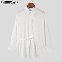 Incerun เสื้อเชิ้ตลําลองแฟชั่นสําหรับผู้ชายแขนยาวสีพื้นสไตล์เกาหลี