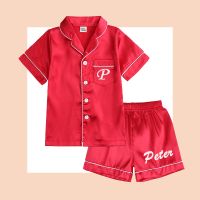 2023 Red Custom Silk Pyjamas Solid Kids Pajamas Sets 2Pcs Childrens Boy Girl Pjs Clothes Toddler Personalized Sleepwear Gifts