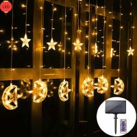 ☇▫☢ ?Ready Stock?Raya 3.5M 123 LED Star Moon Curtain String Lights 8 Modes LED String Solar Fairy Light Solar Light Outdoor Lighting Lampu kelip Decoration Lamp for EidRamadanHalloweenChristmasWeddingPartyHomeInoorOuddoorGardenBalcony