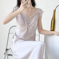 Ao Dai Ice Silk Sleeping Skirt ผู้หญิงฤดูร้อนเข็มขัดหน้าอกเบาะเซ็กซี่สายเชือกแขวนคอชุดนอนสุทธิลมสีแดงสายคล้องไหล่หนึ่งคำ Outwear บ้าน