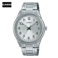 Velashop นาฬิกาข้อมือผู้ชายคาสิโอ Casio Standard สายสแตนเลสสีเงิน หน้าปัดเงินเลข รุ่น MTP-V005D-7B4UDF, MTP-V005D-7B4, MTP-V005D