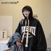 MAYCHEER เสื้อสเวตเตอร์มีฮู้ดผู้ชายเสื้อขนแกะหนาสไตล์อเมริกันเสื้อคลุมหลวมพิมพ์ลายตัวอักษรแฟชั่น