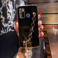 COROGI เคสสำหรับ Tecno Camon 15 / Tecno Spark 5 Pro/ Tecno Spark 5เคสพร้อมสายรัดข้อมือรูปใบโคลเวอร์นำโชคกำไลข้อมือแบบ6D ชุบเคสมือถือขอบสี่เหลี่ยมกันชนฝาหลังแบบนิ่ม