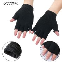 1Pair Black Half Finger Fingerless Gloves Winter Warm Workout Gloves For Women And Men Wool Knit Wrist Cotton Gloves