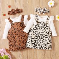 3 Pcs Baby Girls Casual Outfits, Ribbed Fly Sleeve Round Neck Bodysuit + Leopard Print Suspender Skirt + Bow Headband  by Hs2023