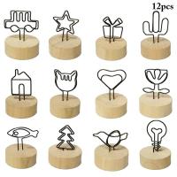 12Pcs Place Card Holder Retro Wood Photo Note Holder Stand Wire Picture Holder Wooden Desk Memo Clip Photo Studio Wedding Favors Clips Pins Tacks