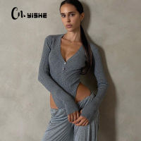 CNYISHE Autumn Winter y Grey White Bodysuit Skinny Button Up Long Sleeve Overalls Women Rompers 2021 Fashion Ribbed Jumpsuits